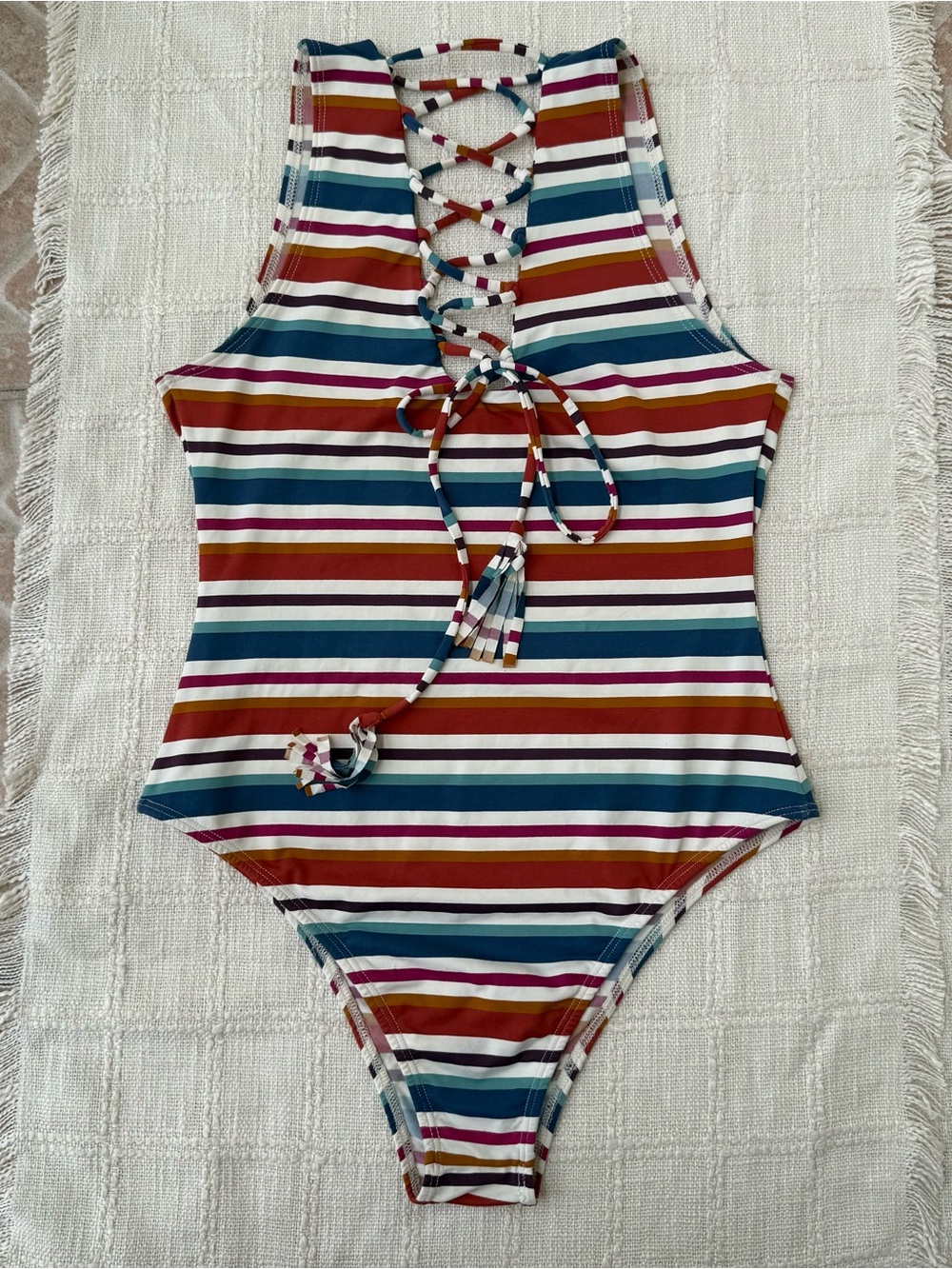 Montce 70’s Stripe Lace-Up One-Piece Swimsuit